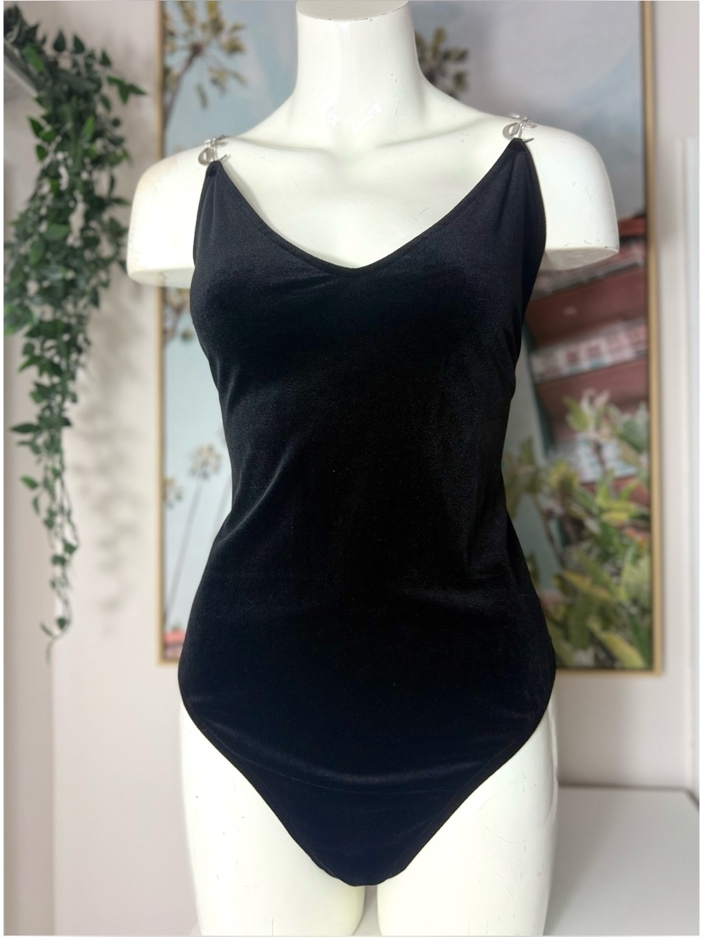 Juicy Couture Black Velvet Bodysuit Silver Logo Straps Stretch One Piece Size XL
